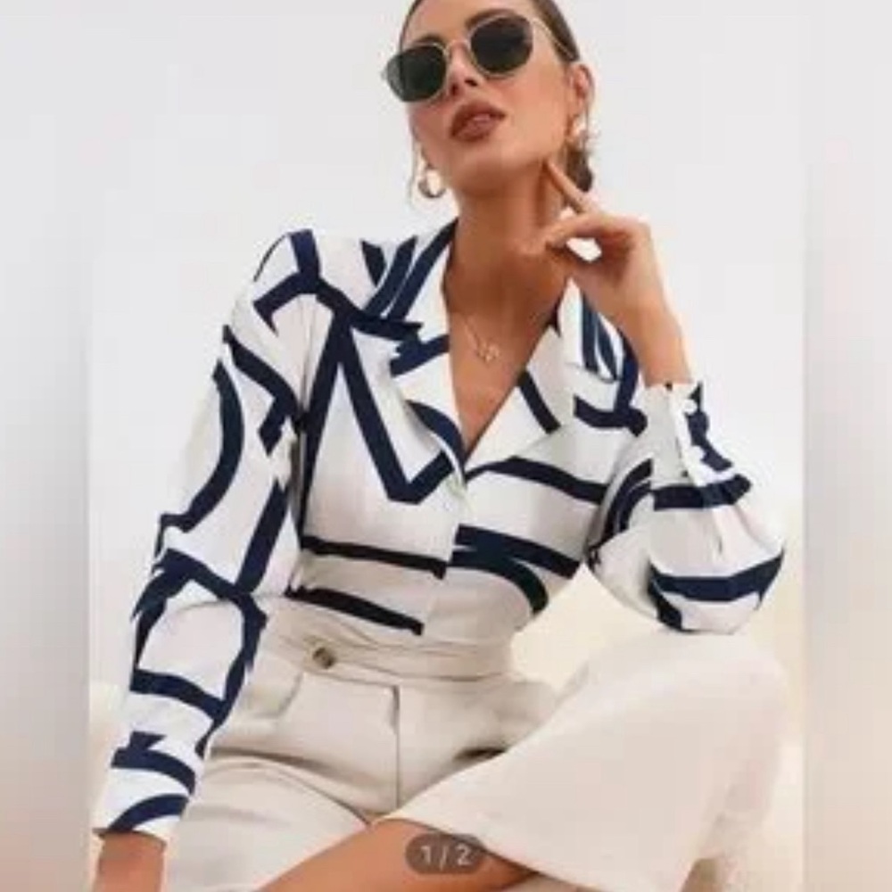 White & Navy Geo Print Collar Button Front Blouse.